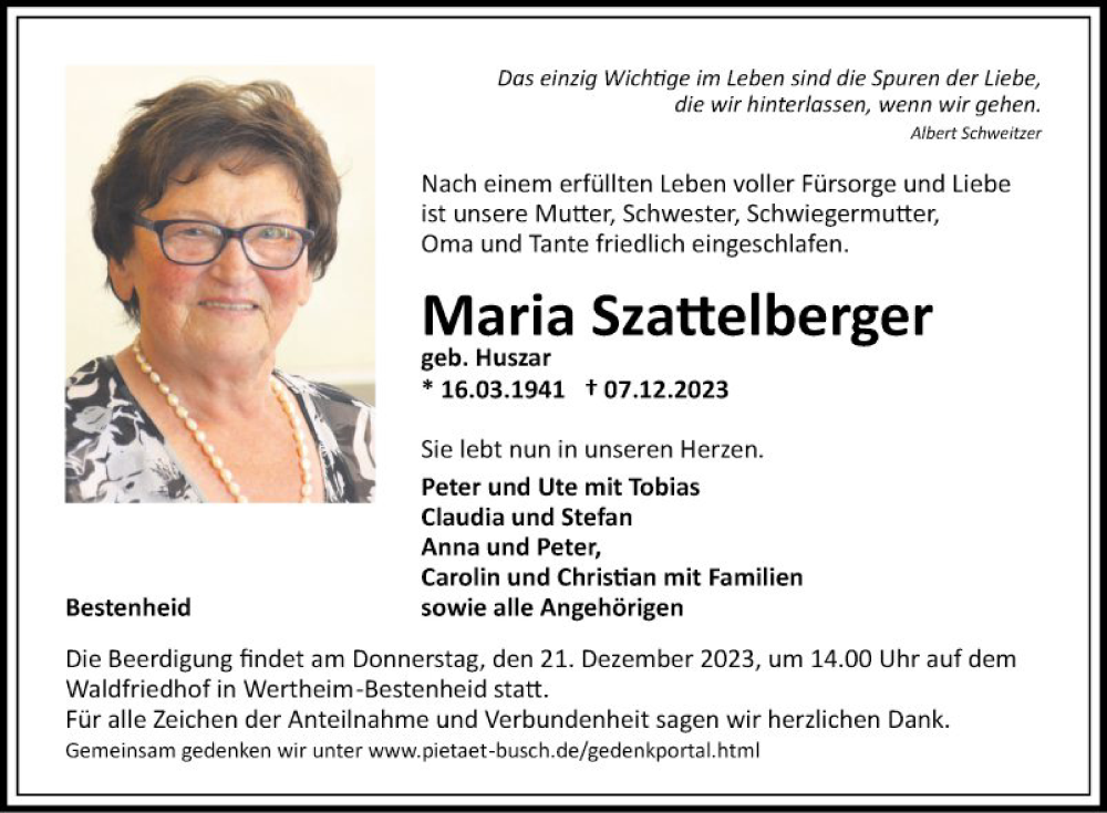  Traueranzeige für Maria Szattelberger vom 16.12.2023 aus Fränkische Nachrichten