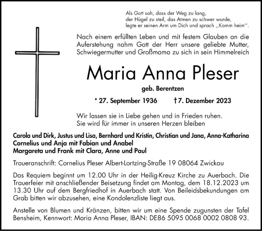  Traueranzeige für Maria Anna Pleser vom 15.12.2023 aus Bergsträßer Anzeiger