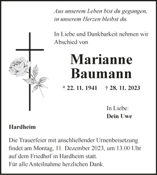 Traueranzeige von Marianne Baumann von Fränkische Nachrichten