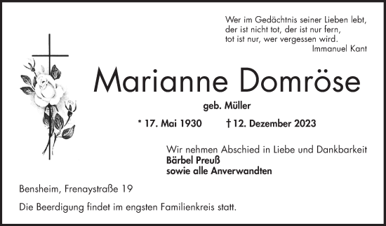 Traueranzeige von Marianne Domröse von Bergsträßer Anzeiger