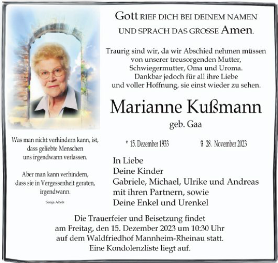 Traueranzeige von Marianne Kußmann von Mannheimer Morgen