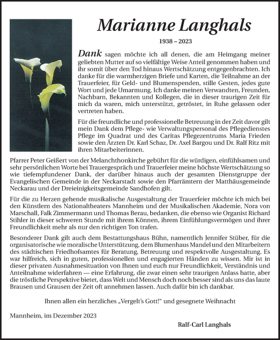 Traueranzeige von Marianne Langhals von Mannheimer Morgen
