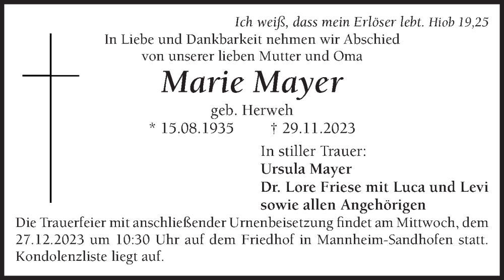  Traueranzeige für Marie Mayer vom 23.12.2023 aus Mannheimer Morgen