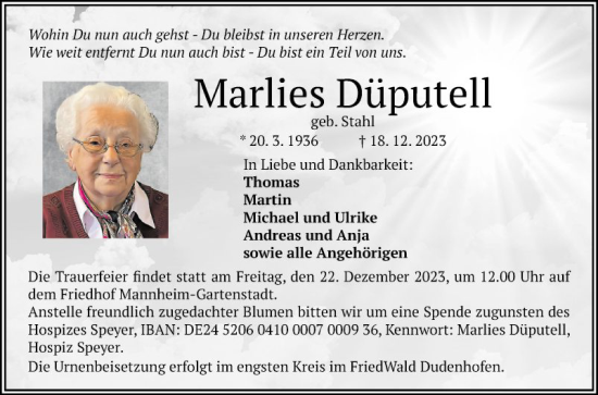 Traueranzeige von Marlies Düputell von Mannheimer Morgen