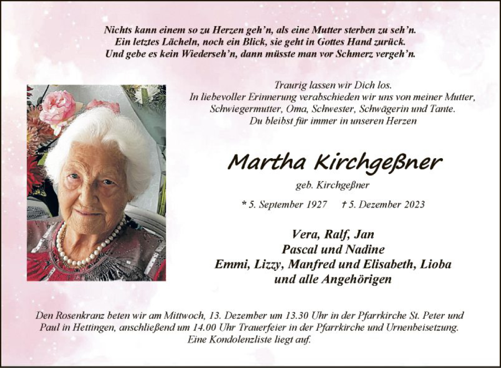 Traueranzeige für Martha Kirchgeßner vom 09.12.2023 aus Fränkische Nachrichten