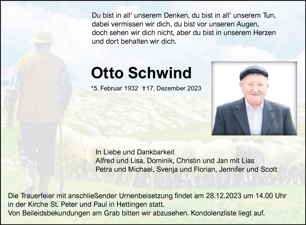  Traueranzeige für Otto Schwind vom 23.12.2023 aus Fränkische Nachrichten