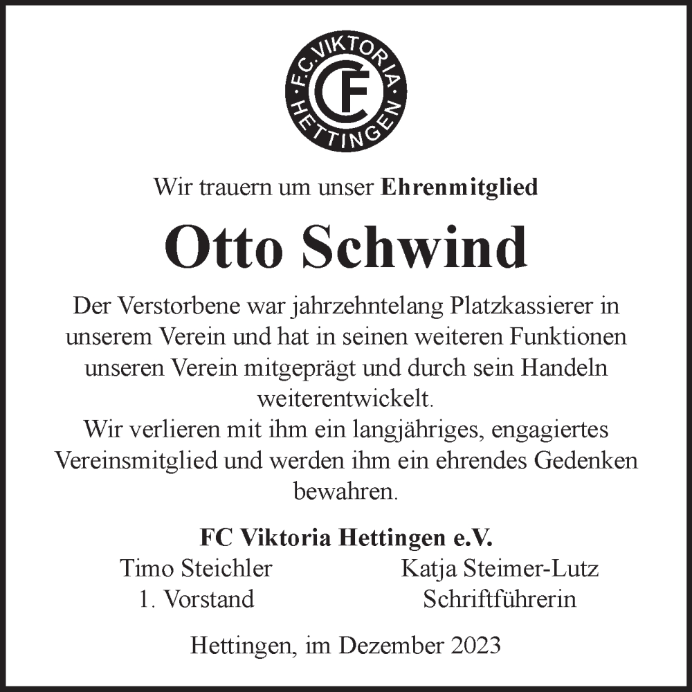  Traueranzeige für Otto Schwind vom 23.12.2023 aus Fränkische Nachrichten