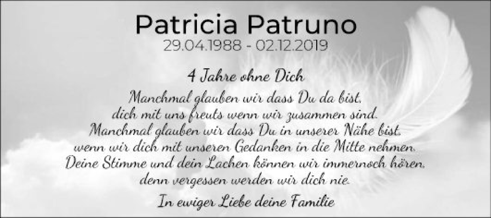  Traueranzeige für Patricia Patruno vom 02.12.2023 aus Mannheimer Morgen