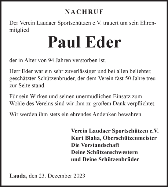 Traueranzeige von Paul Eder von Fränkische Nachrichten