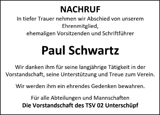 Traueranzeige von Paul Schwartz von Fränkische Nachrichten