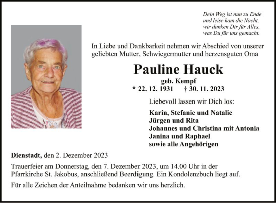 Traueranzeige von Pauline Hauck von Fränkische Nachrichten