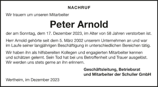 Traueranzeige von Peter Arnold von Fränkische Nachrichten