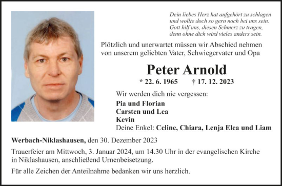 Traueranzeige von Peter Arnold von Fränkische Nachrichten