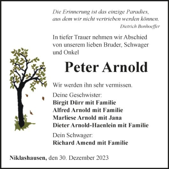 Traueranzeige von Peter Arnold von Fränkische Nachrichten
