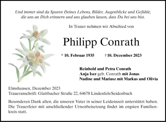 Traueranzeige von Philipp Conrath von Bergsträßer Anzeiger