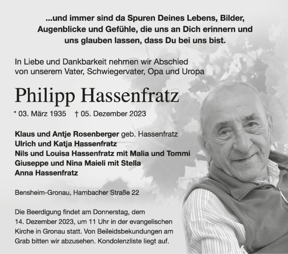  Traueranzeige für Philipp Hassenfratz vom 09.12.2023 aus Bergsträßer Anzeiger
