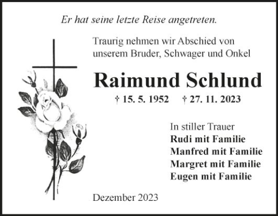 Traueranzeige von Raimund Schlund von Fränkische Nachrichten