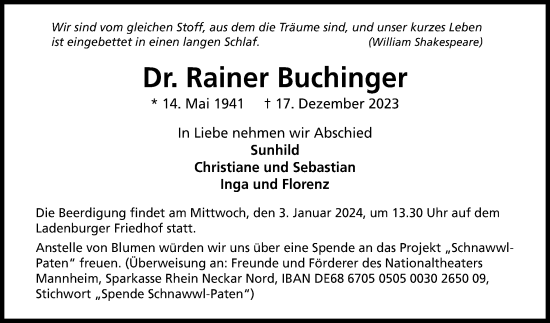 Traueranzeige von Rainer Buchfinger von Mannheimer Morgen