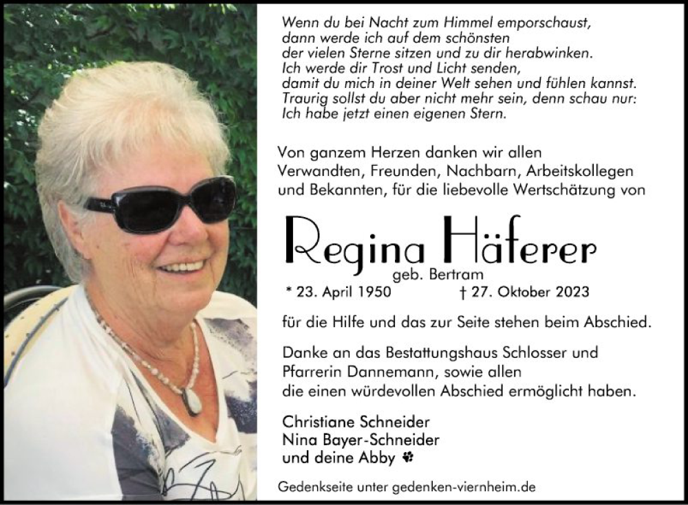  Traueranzeige für Regina Häferer vom 02.12.2023 aus Mannheimer Morgen