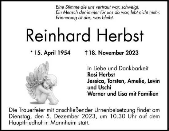 Traueranzeige von Reinhard Herbst von Mannheimer Morgen