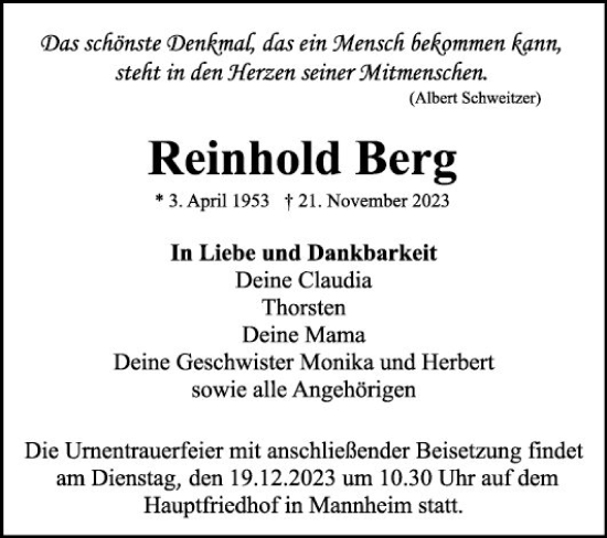 Traueranzeige von Reinhold Berg von Mannheimer Morgen