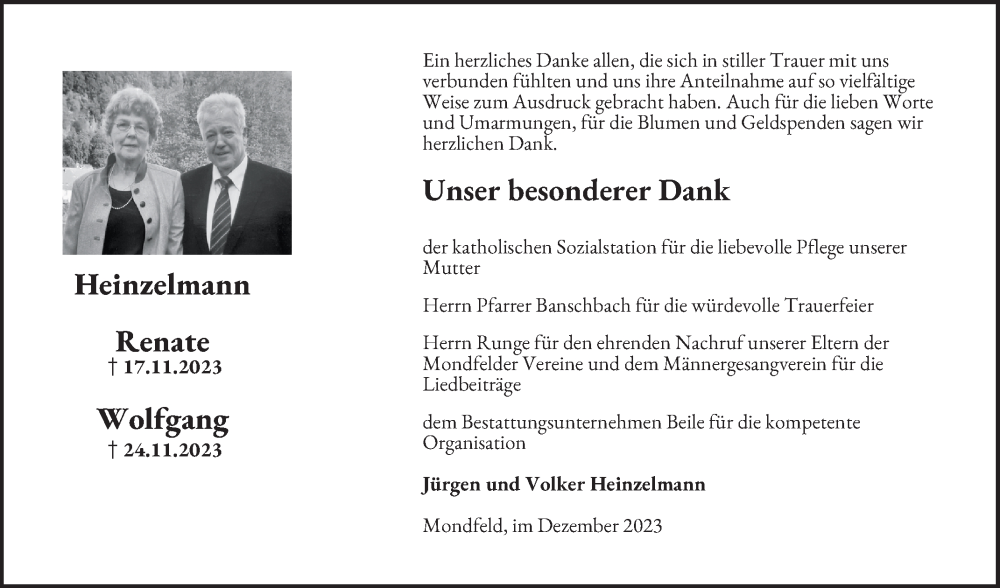  Traueranzeige für Renate Heinzelmann vom 23.12.2023 aus Fränkische Nachrichten