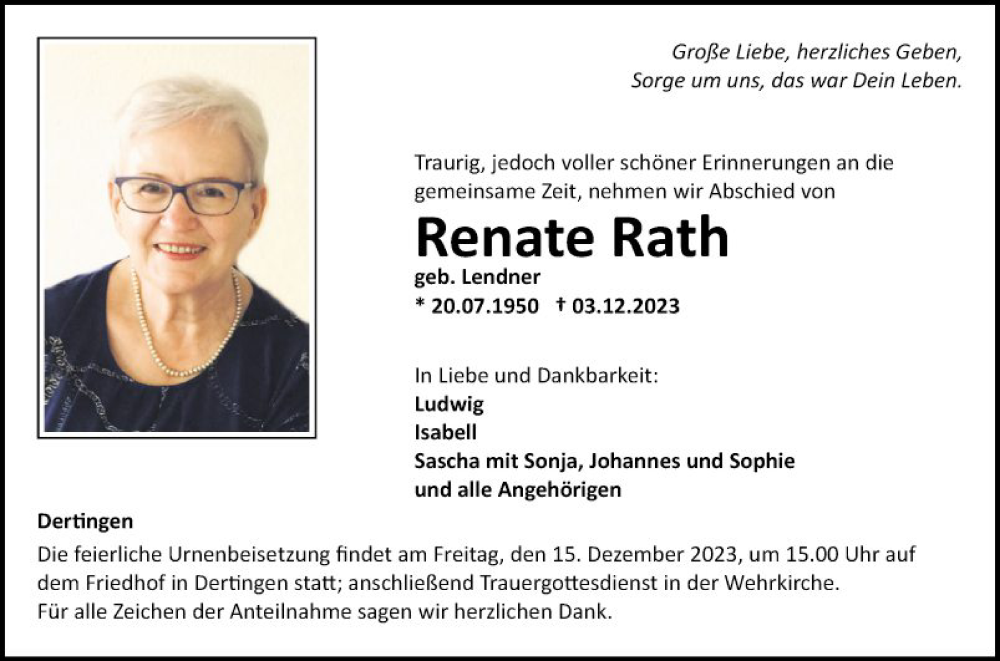  Traueranzeige für Renate Rath vom 09.12.2023 aus Fränkische Nachrichten