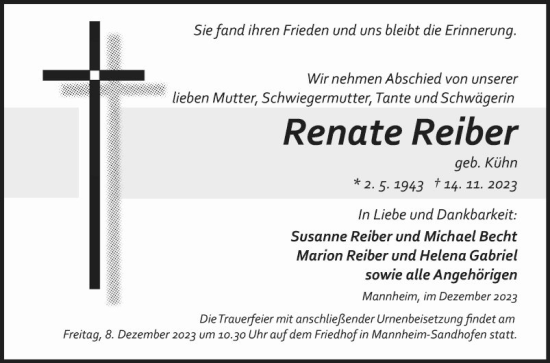 Traueranzeige von Renate Reiber von Mannheimer Morgen