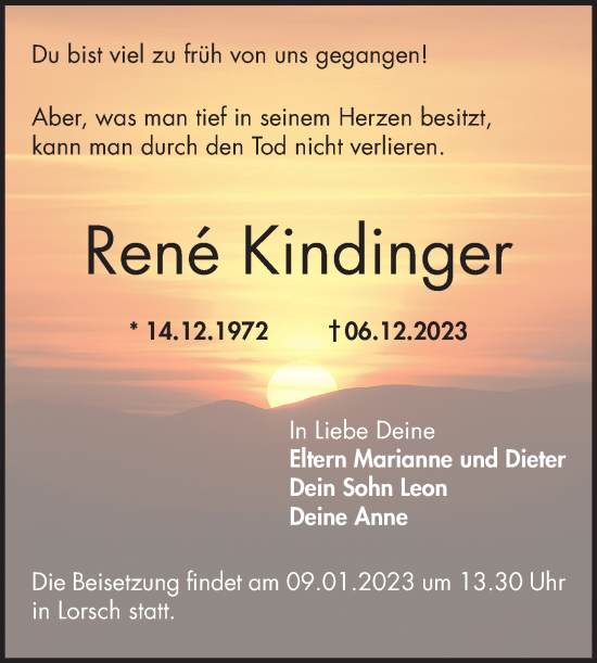 Traueranzeige von Rene Kindinger von Bergsträßer Anzeiger