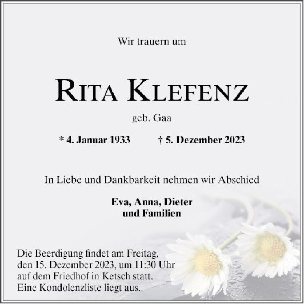  Traueranzeige für Rita Klefenz vom 09.12.2023 aus Schwetzinger Zeitung