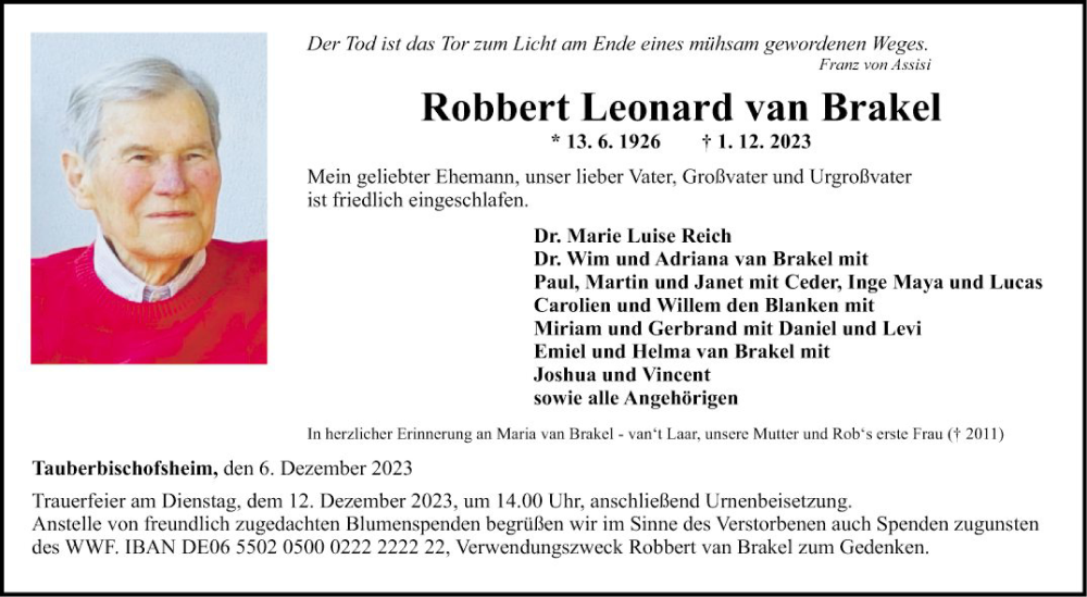  Traueranzeige für Robbert Leonard van Brakel vom 06.12.2023 aus Fränkische Nachrichten
