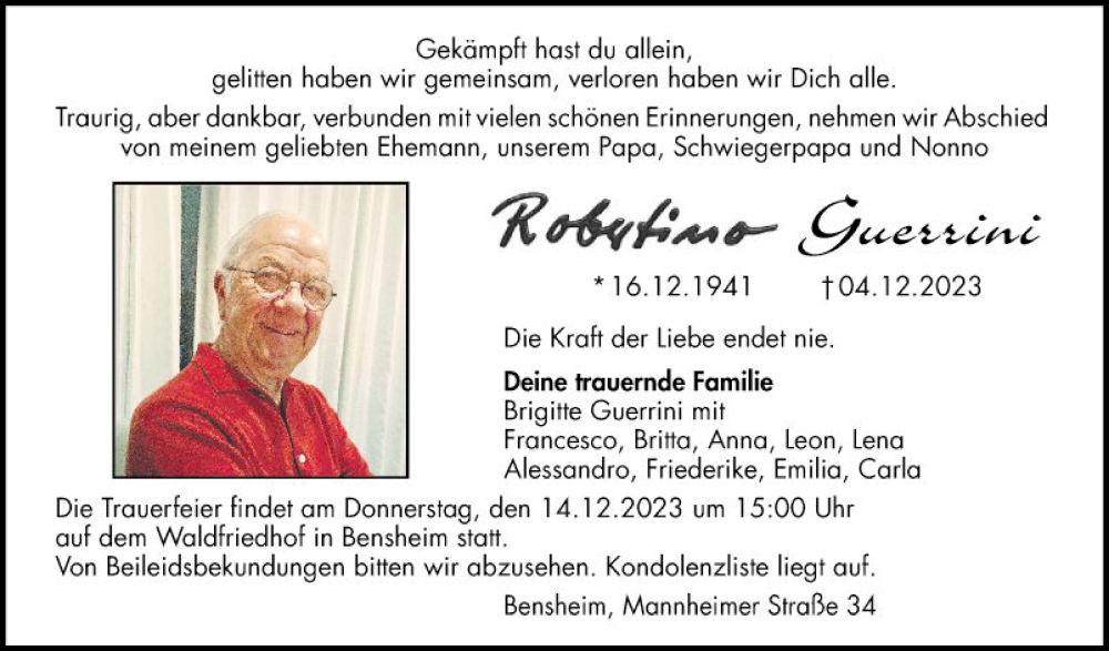  Traueranzeige für Robutimo Guessini vom 09.12.2023 aus Bergsträßer Anzeiger