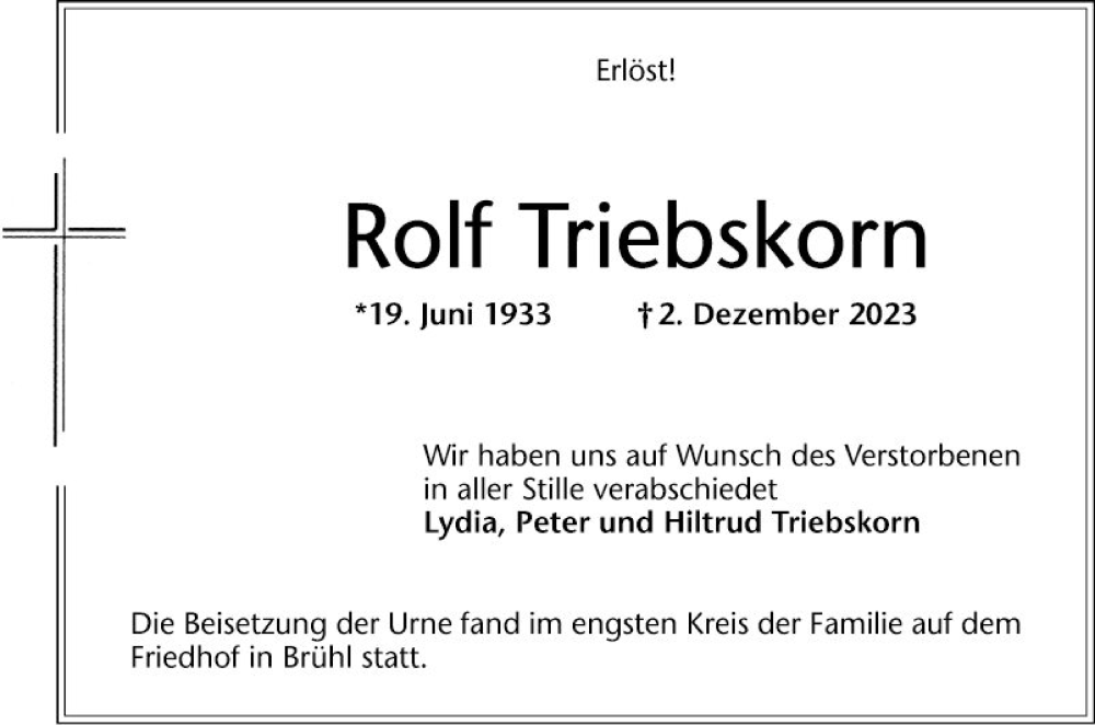  Traueranzeige für Rolf Triebskorn vom 16.12.2023 aus Mannheimer Morgen