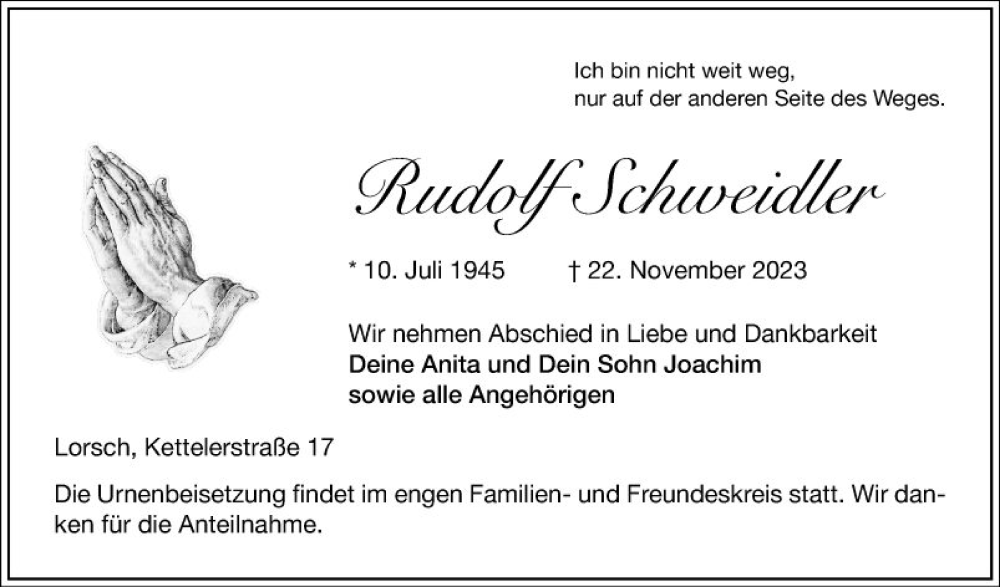 Traueranzeige für Rudolf Schweidler vom 02.12.2023 aus Bergsträßer Anzeiger
