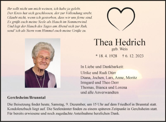 Traueranzeige von Thea Hedrich von Fränkische Nachrichten