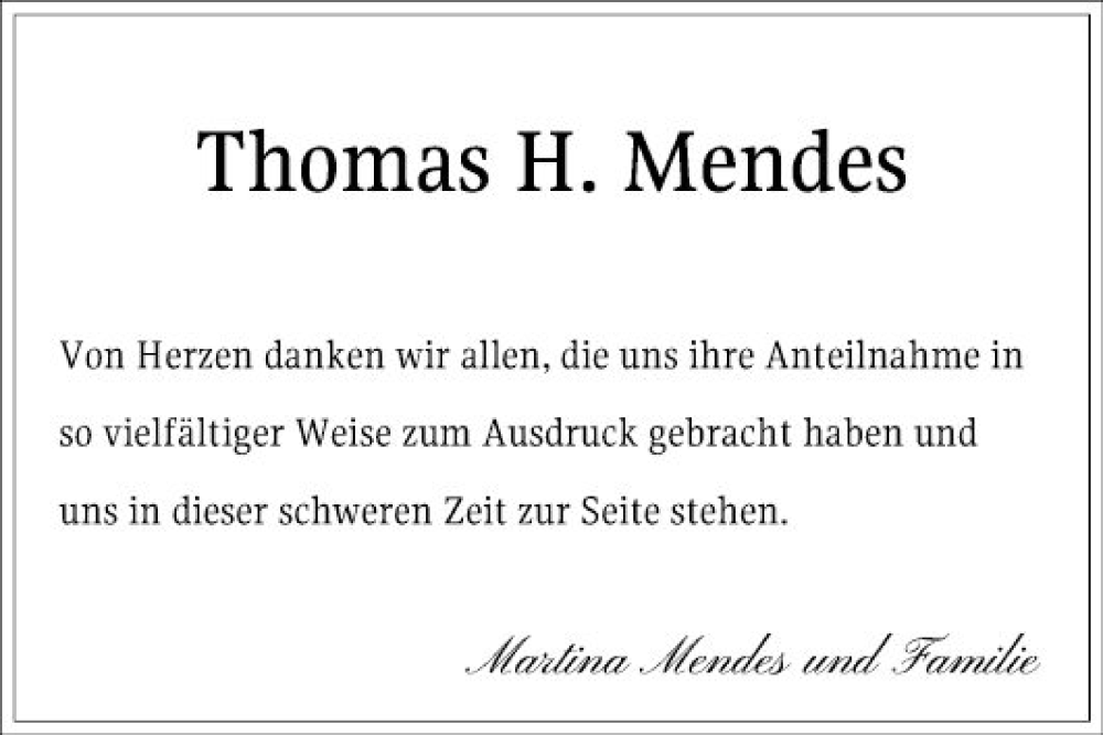  Traueranzeige für Thomas H. Mendes vom 16.12.2023 aus Mannheimer Morgen