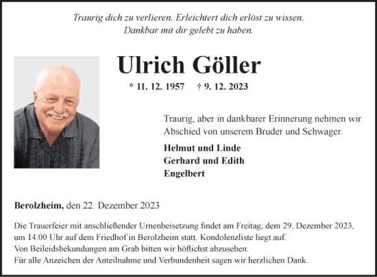 Traueranzeige von Ulrich Göller von Fränkische Nachrichten