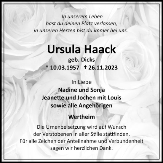 Traueranzeige von Ursula Haack von Fränkische Nachrichten