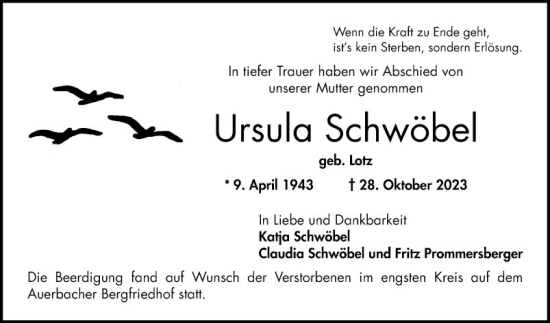 Traueranzeige von Ursula Schwöbel von Bergsträßer Anzeiger