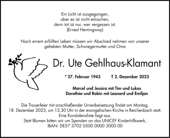 Traueranzeige von Ute Gehlhaus-Klamant von Bergsträßer Anzeiger
