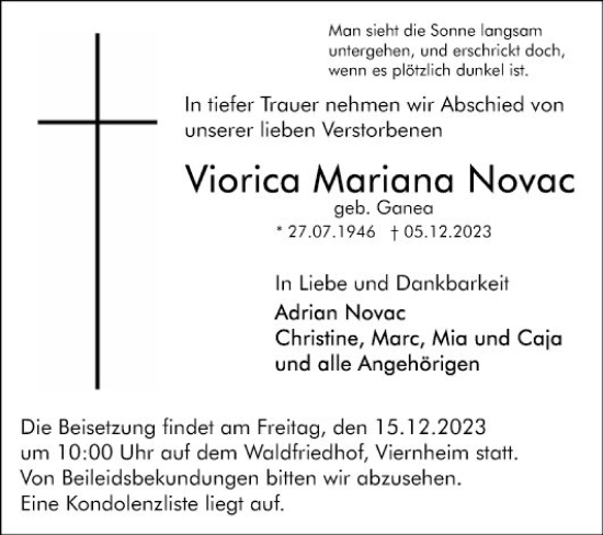 Traueranzeige von Viorica Mariana Novac von Mannheimer Morgen