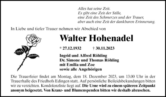 Traueranzeige von Walter Hohenadel von Mannheimer Morgen