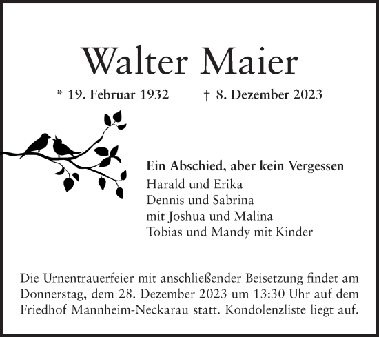 Traueranzeige von Walter Maier von Mannheimer Morgen
