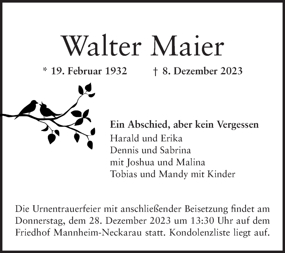  Traueranzeige für Walter Maier vom 23.12.2023 aus Mannheimer Morgen