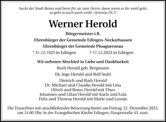 Traueranzeige von Werner Herold von Mannheimer Morgen