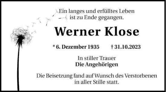 Traueranzeige von Werner Klose von Mannheimer Morgen