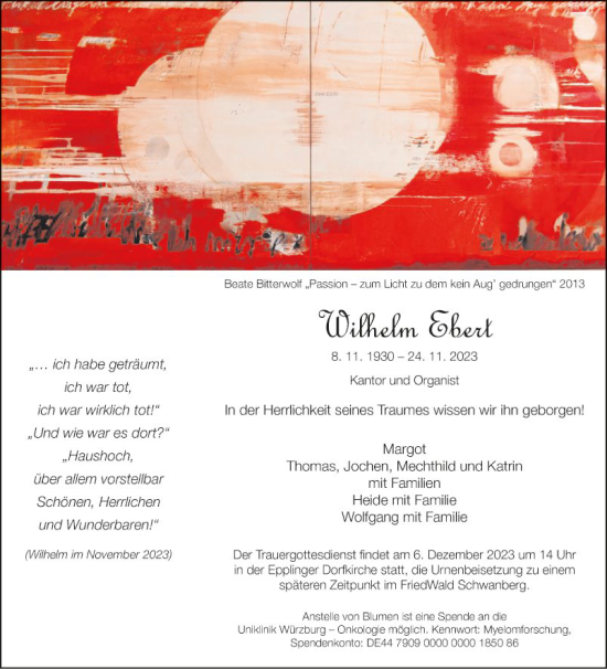 Traueranzeige von Wilhelm Ebert von Fränkische Nachrichten