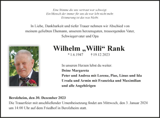 Traueranzeige von Wilhelm Rank von Fränkische Nachrichten