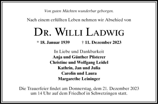 Traueranzeige von Willi Ladwig von Schwetzinger Zeitung