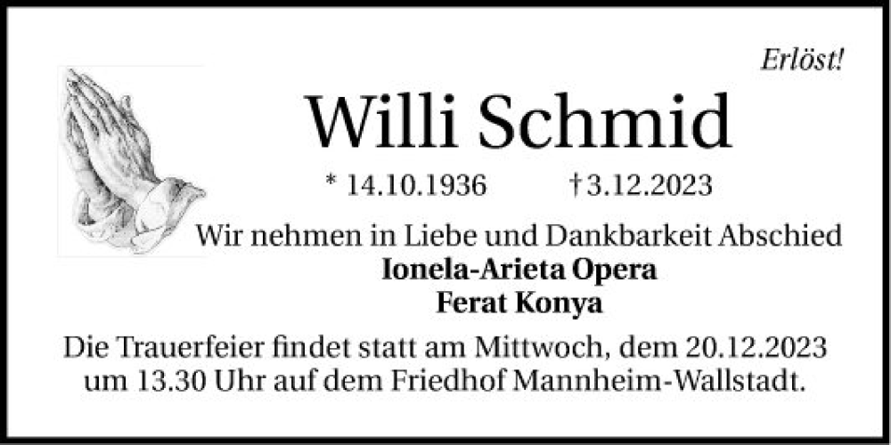  Traueranzeige für Willi Schmid vom 16.12.2023 aus Mannheimer Morgen
